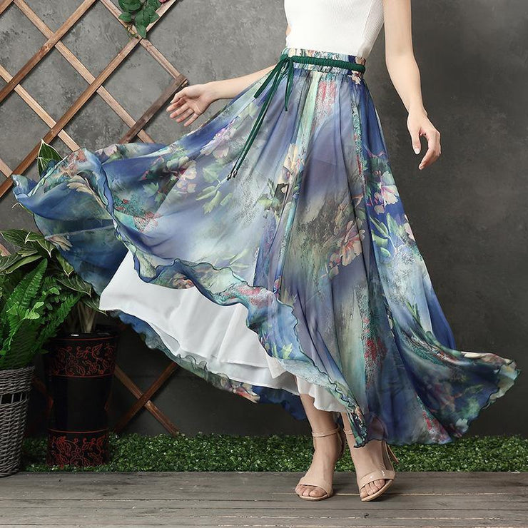 Chic blue floral chiffon Long Shirts elastic tie waist long summer Dress - SooLinen