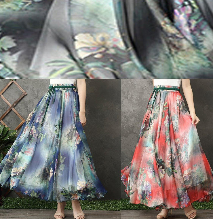 Chic blue floral chiffon Long Shirts elastic tie waist long summer Dress - SooLinen