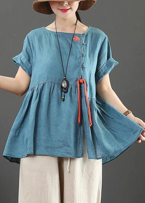 Chic blue linen linen tops women o neck Cinched oversized shirts - SooLinen