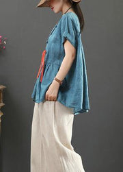 Chic blue linen linen tops women o neck Cinched oversized shirts - SooLinen