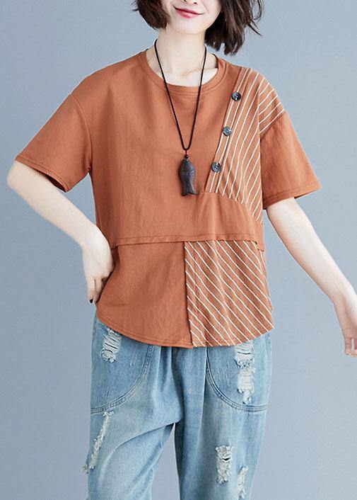 Chic brown cotton shirts o neck patchwork loose summer top - SooLinen