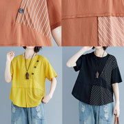 Chic brown cotton shirts o neck patchwork loose summer top - SooLinen