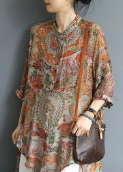 Chic cotton tunic top Korea Retro Printed High Low Hem Comfortable Blouse - SooLinen