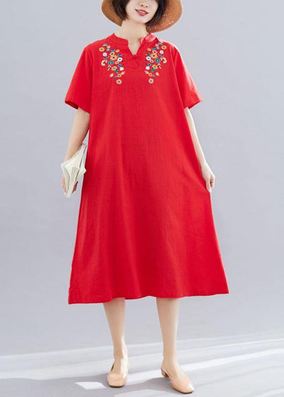 Chic embroidery cotton clothes linen red Dresses summer - SooLinen