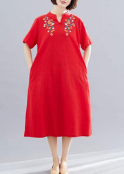 Chic embroidery cotton clothes linen red Dresses summer - SooLinen