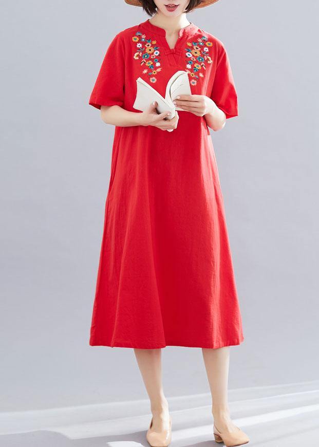 Chic embroidery cotton clothes linen red Dresses summer - SooLinen