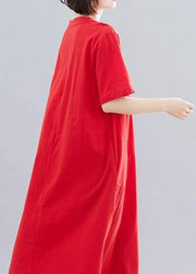 Chic embroidery cotton clothes linen red Dresses summer - SooLinen