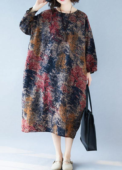 Chic floral cotton tunic dress o neck baggy Kaftan Dresses - SooLinen