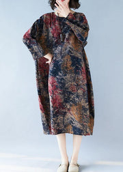 Chic floral cotton tunic dress o neck baggy Kaftan Dresses - SooLinen