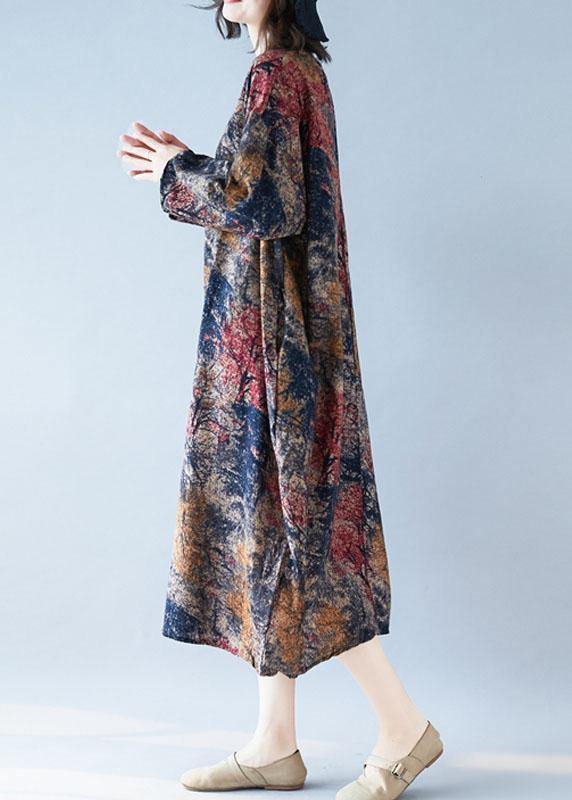 Chic floral cotton tunic dress o neck baggy Kaftan Dresses - SooLinen