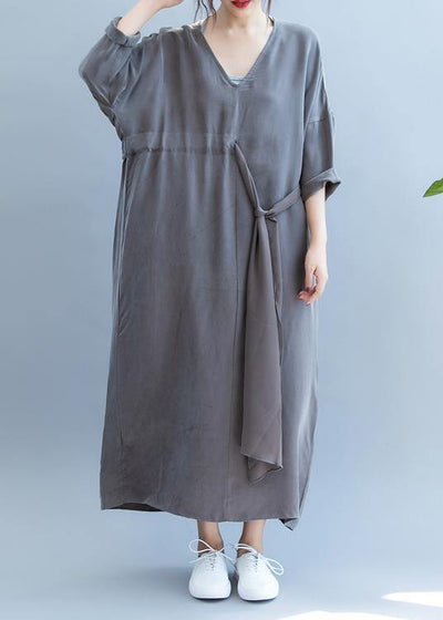 Chic gray clothes For Women v neck drawstring long summer Dress - SooLinen