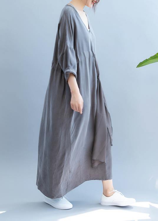 Chic gray clothes For Women v neck drawstring long summer Dress - SooLinen