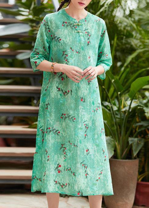 Chic green print linen Robes o neck Chinese Button summer Dresses - SooLinen