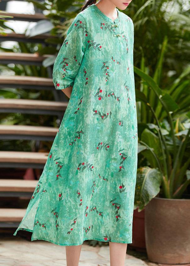 Chic green print linen Robes o neck Chinese Button summer Dresses - SooLinen