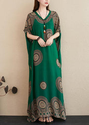 Chic green print outfit v neck Batwing Sleeve Kaftan summer Dresses - SooLinen