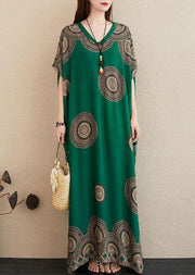 Chic green print outfit v neck Batwing Sleeve Kaftan summer Dresses - SooLinen