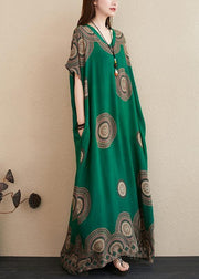 Chic green print outfit v neck Batwing Sleeve Kaftan summer Dresses - SooLinen