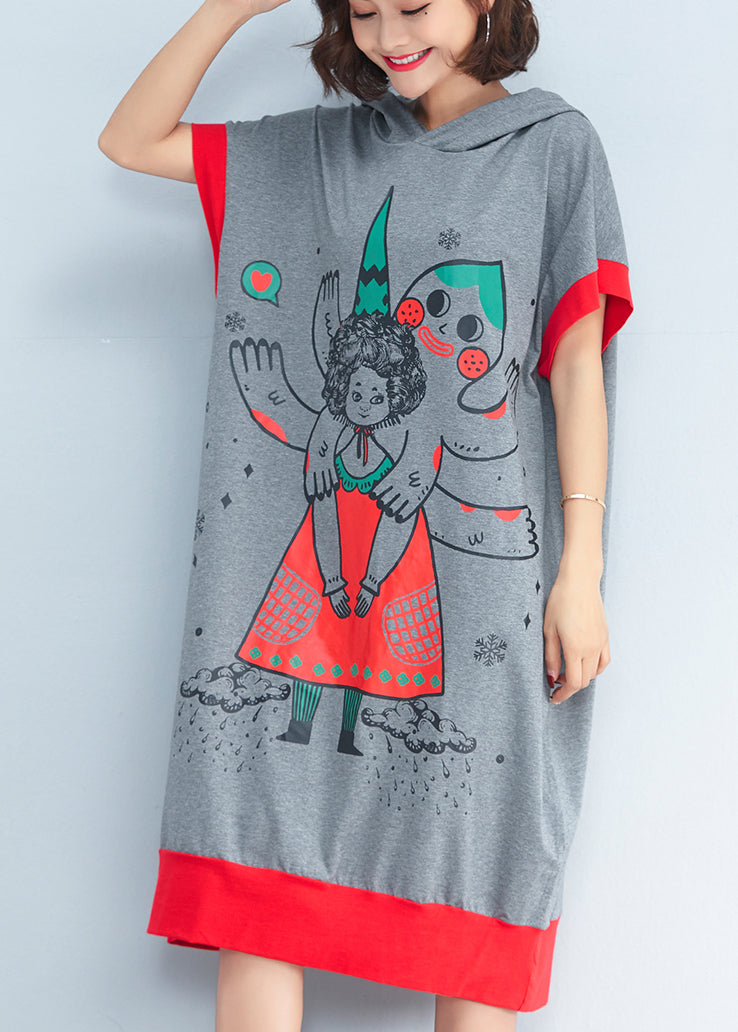 Chic hooded patchwork Cotton dresses Women Inspiration gray print baggy Dresses Summer