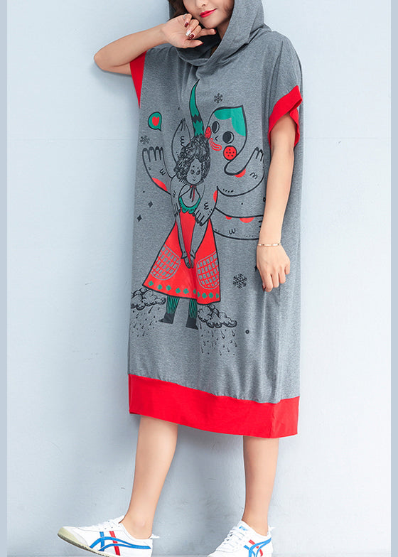 Chic hooded patchwork Cotton dresses Women Inspiration gray print baggy Dresses Summer