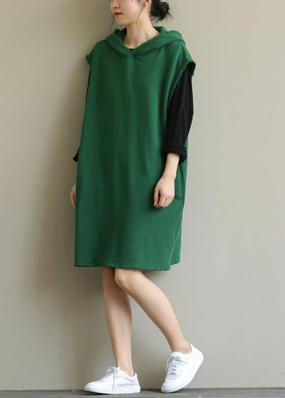 Chic hooded pockets fall Tunic Sleeve green Dress - SooLinen