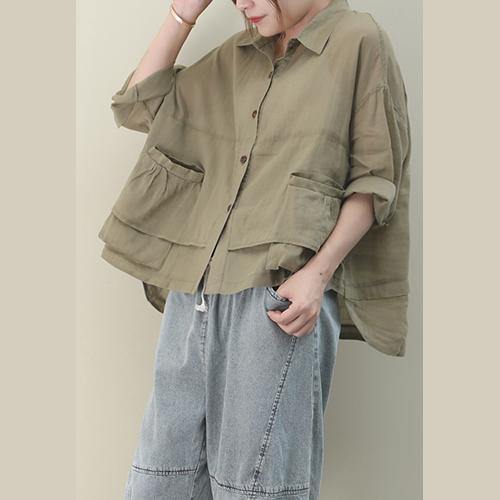 Chic lapel pockets linen shirts women Christmas Gifts khaki blouse - SooLinen