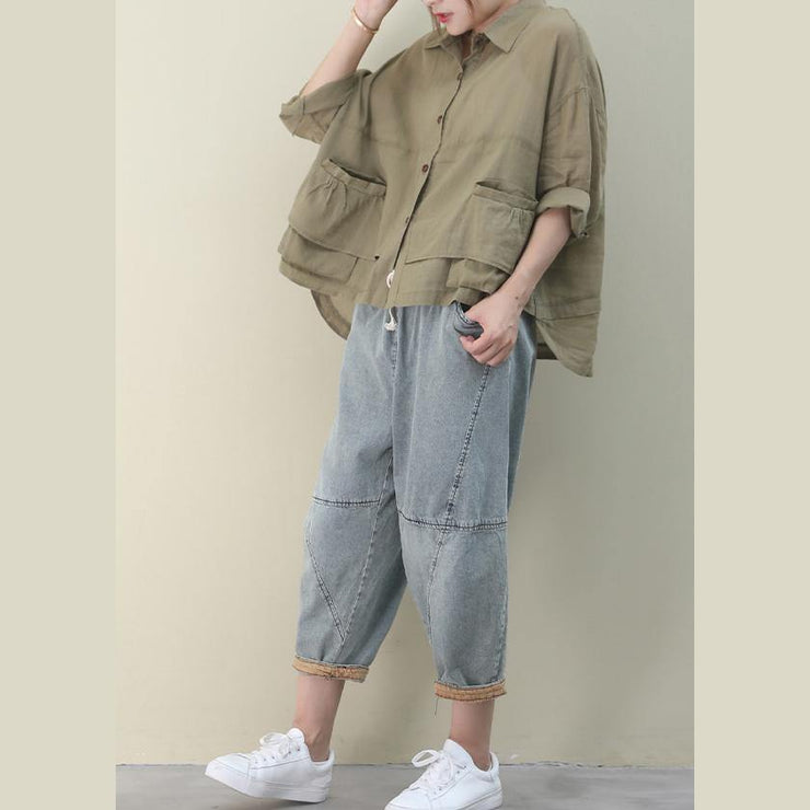 Chic lapel pockets linen shirts women Christmas Gifts khaki blouse - SooLinen