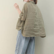 Chic lapel pockets linen shirts women Christmas Gifts khaki blouse - SooLinen