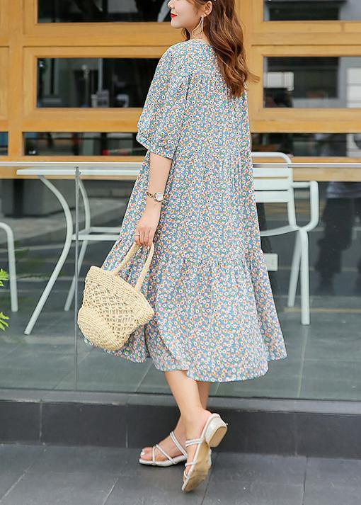 Chic light blue floral cotton Wardrobes ruffles hem Dresses summer Dresses - SooLinen