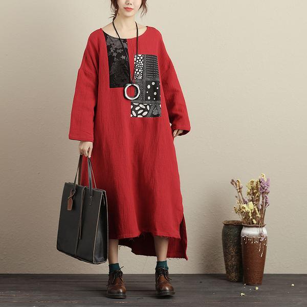 Chic linen Robes plus size Women Long Sleeve Pockets High-Low Hem Raw-Edge Trim Dress