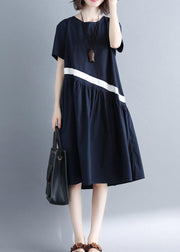 Chic navy cotton clothes For Women patchwork loose summer Dress - SooLinen