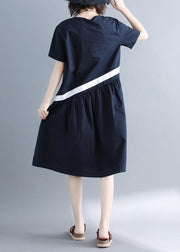 Chic navy cotton clothes For Women patchwork loose summer Dress - SooLinen