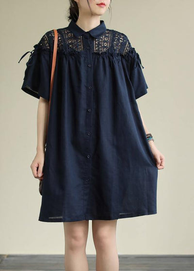 Chic navy linen dress lapel patchwork hollow out daily summer Dress - SooLinen