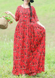 Chic o neck Half sleeve cotton linen dresses 2019 Inspiration red floral Traveling Dresses Summer - SooLinen