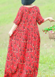 Chic o neck Half sleeve cotton linen dresses 2019 Inspiration red floral Traveling Dresses Summer - SooLinen