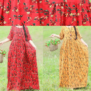 Chic o neck Half sleeve cotton linen dresses 2019 Inspiration red floral Traveling Dresses Summer - SooLinen