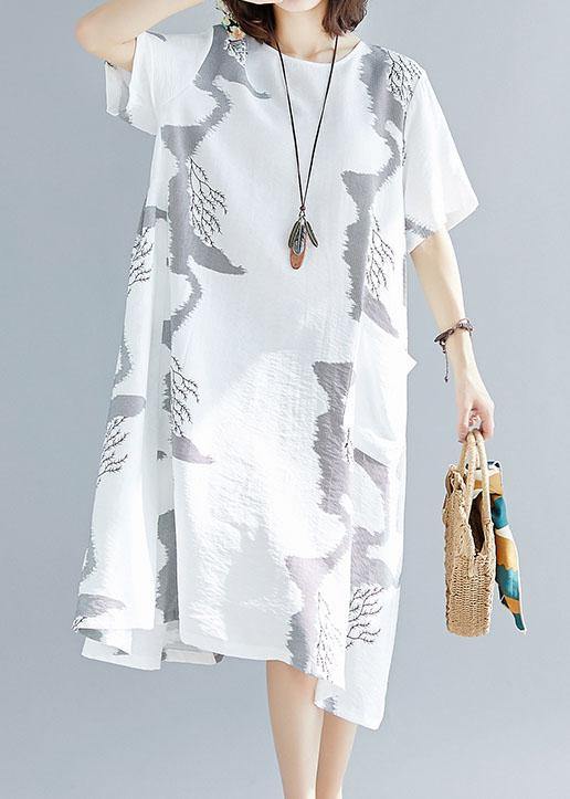 Chic o neck cotton quilting clothes Outfits white prints A Line Dress summer - SooLinen