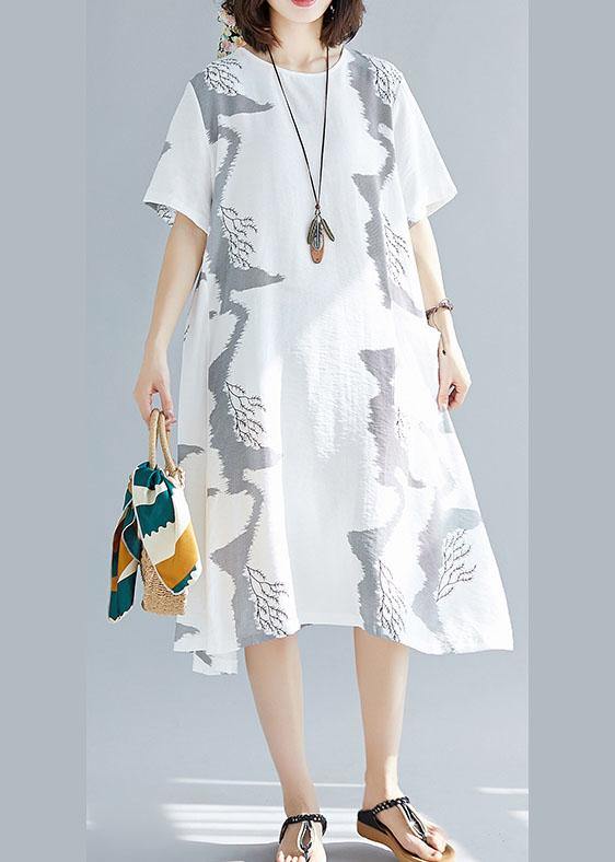 Chic o neck cotton quilting clothes Outfits white prints A Line Dress summer - SooLinen