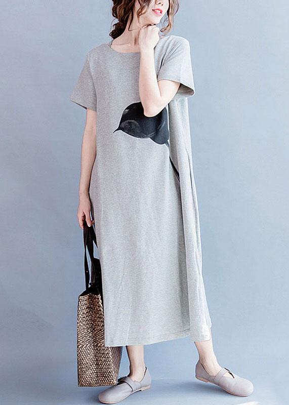 Chic o neck cotton summer Tunics gray print long Dresses - SooLinen