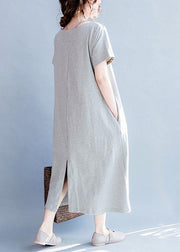 Chic o neck cotton summer Tunics gray print long Dresses - SooLinen