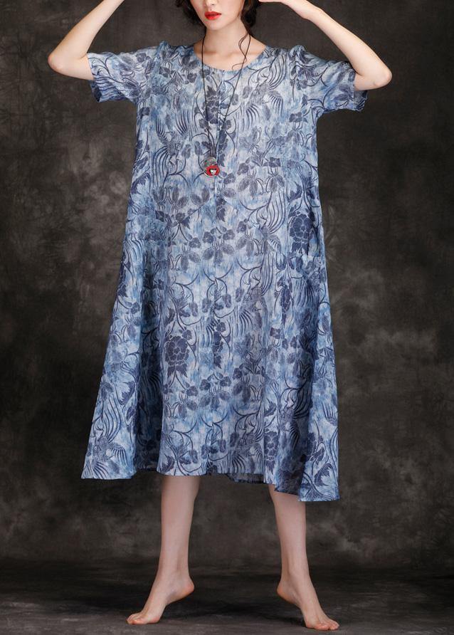 Chic o neck linen Wardrobes blue print Dresses summer - SooLinen