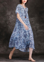 Chic o neck linen Wardrobes blue print Dresses summer - SooLinen