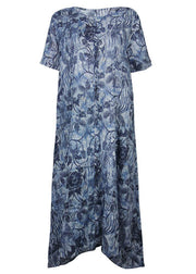 Chic o neck linen Wardrobes blue print Dresses summer - SooLinen