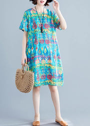 Chic o neck linen clothes Neckline green prints Dresses summer - SooLinen