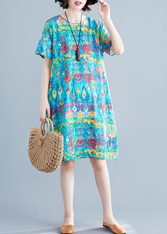 Chic o neck linen clothes Neckline green prints Dresses summer - SooLinen