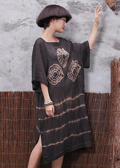 Chic o neck linen cotton clothes For Women Sleeve brown side open Dresses summer - SooLinen