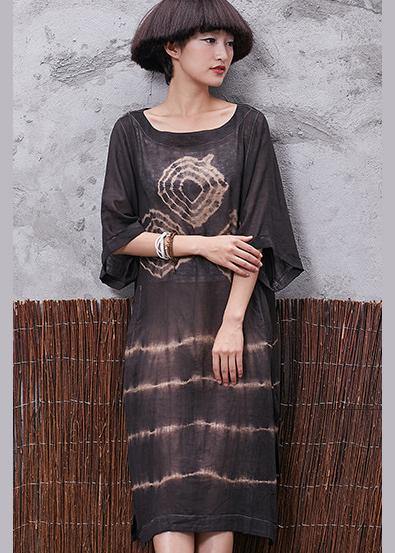 Chic o neck linen cotton clothes For Women Sleeve brown side open Dresses summer - SooLinen