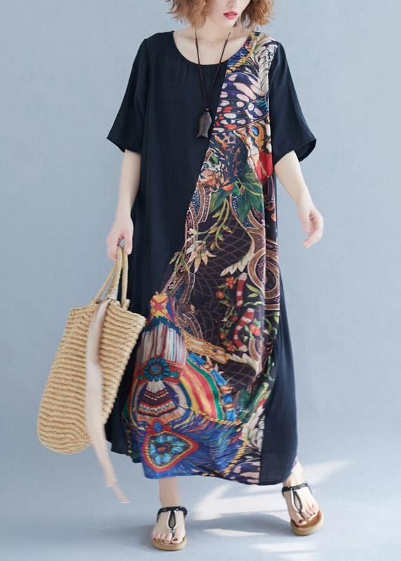 Chic o neck patchwork cotton summer dresses Photography black Robe Dress - SooLinen