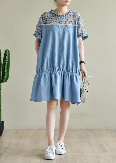 Chic o neck patchwork lace summer dress light blue Dresses - SooLinen