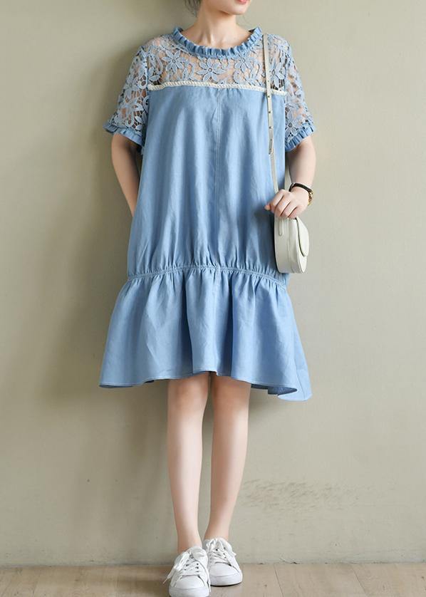 Chic o neck patchwork lace summer dress light blue Dresses - SooLinen