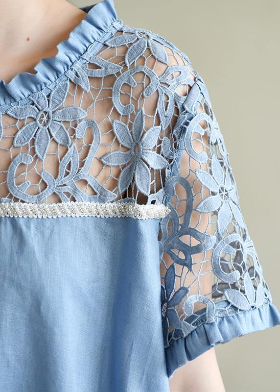 Chic o neck patchwork lace summer dress light blue Dresses - SooLinen